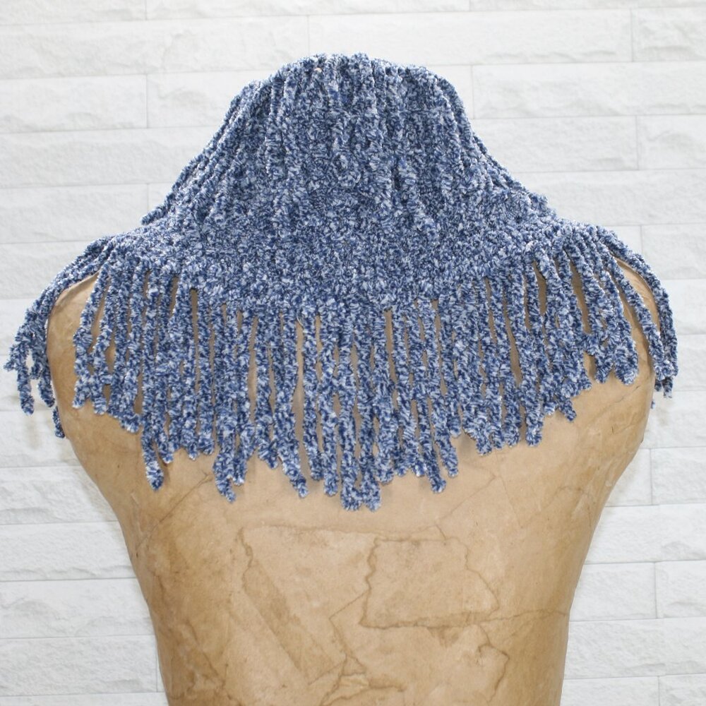 HAND CRAFTED Scarf Infinity Chenille Shawl Turtleneck Fringe Oversized Blue - Picture 4 of 15